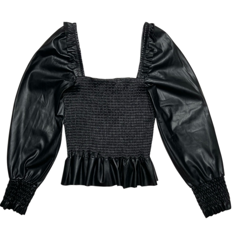 7 For All Mankind Black Faux Leather Smocked Top Size Medium